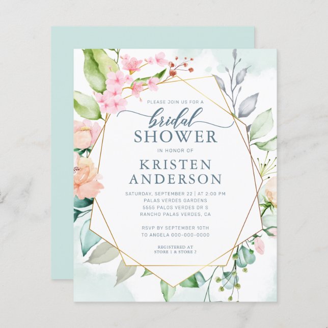 Budget Geometric Floral Bridal Shower Invitation (Front/Back)