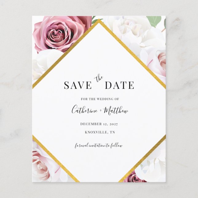 Budget Geometric Frame Pink Floral Save The Date Flyer (Front)