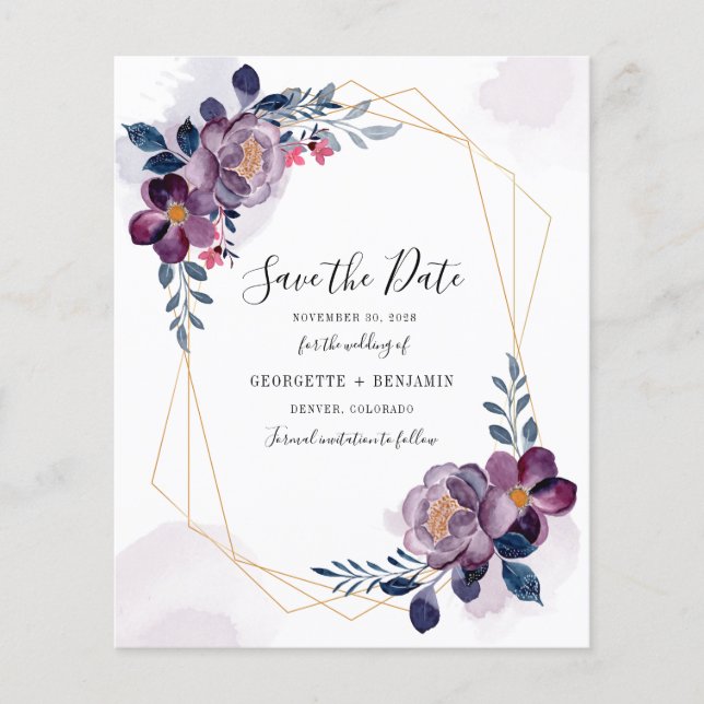 Budget Geometric Frame Purple Floral Save The Date (Front)