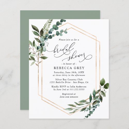 Budget Geometric Greenery Bridal Shower Invitation - This elegant Rustic Greenery Gold collection features mixed watercolor greenery leaves with a gold geometric frame paired with a classy serif font in black. Matching items available.