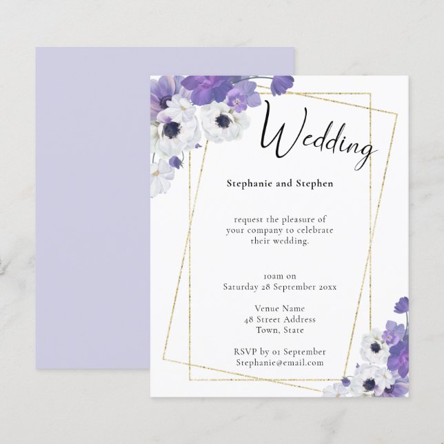 Budget Geometric Purple Floral Wedding Invitation (Front/Back)
