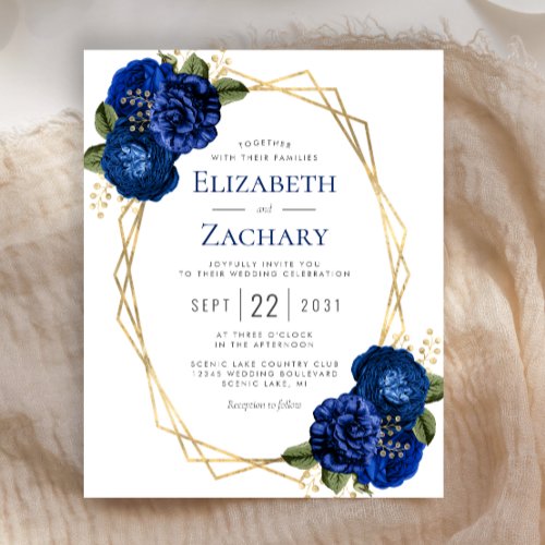 Budget Geometric Royal Blue Floral Wedding Invite