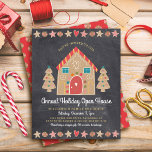 Budget Gingerbread Open House Chalkboard Invite<br><div class="desc">A cute, whimsical gingerbread house and trees, stars, hearts and candies, along with playful script typography, overlay a dark charcoal gray chalkboard background and help you usher in the holiday party season. A peppermint candy pattern over a red background adorns the back. Celebrate with family and friends while you feel...</div>