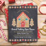 Budget Gingerbread Open House Chalkboard Invite<br><div class="desc">A cute, whimsical gingerbread house and trees, stars, hearts and candies, along with playful script typography, overlay a dark charcoal gray chalkboard background and help you usher in the holiday party season. A peppermint candy pattern over a red background adorns the back. Celebrate with family and friends while you feel...</div>