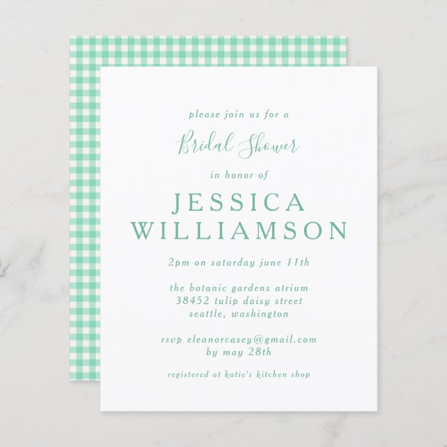 Budget Gingham Plaid in Mint Green Bridal Shower (Front/Back)