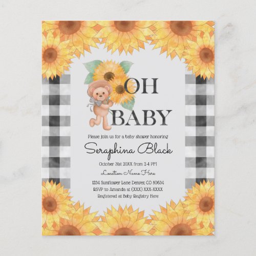 Budget Gingham Sunflower Bear Baby Shower Invite