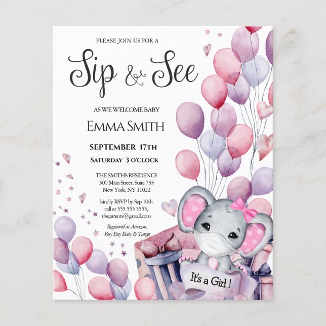 BUDGET Girl Baby Elephant Sip and See Invitation (Front)