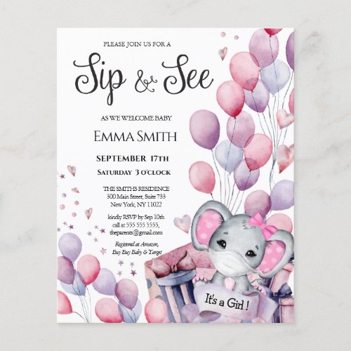 BUDGET Girl Baby Elephant Sip and See Invitation