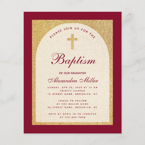 Budget Girl Baptism Burgundy Gold Invitation