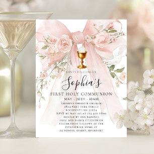 BUDGET Girl First Holy Communion Pink Bow  Invitation