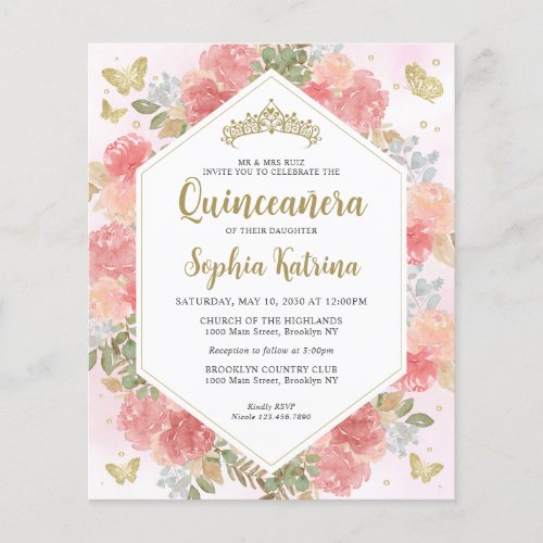 Budget Girly Blush Pink Floral Gold Quinceaera