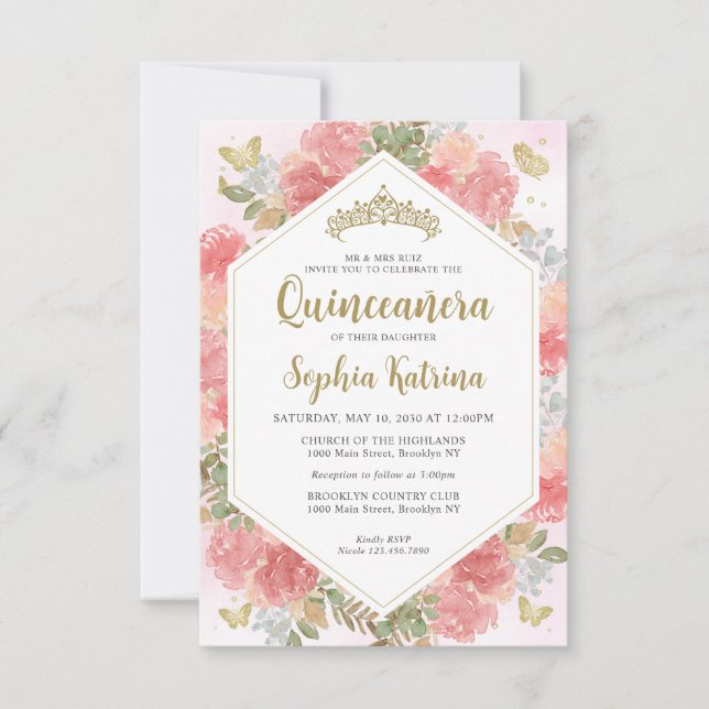 Budget Girly Blush Pink Floral Gold Quinceañera Note Card (Front)