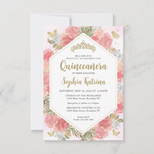 Budget Girly Blush Pink Floral Gold Quinceaera Note Card
