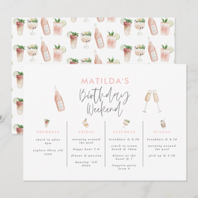 Budget girly elegant birthday weekend itinerary invitation (Front/Back)
