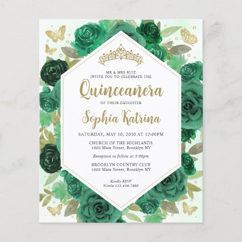 Budget Girly Emerald Green Floral Gold Quinceaera