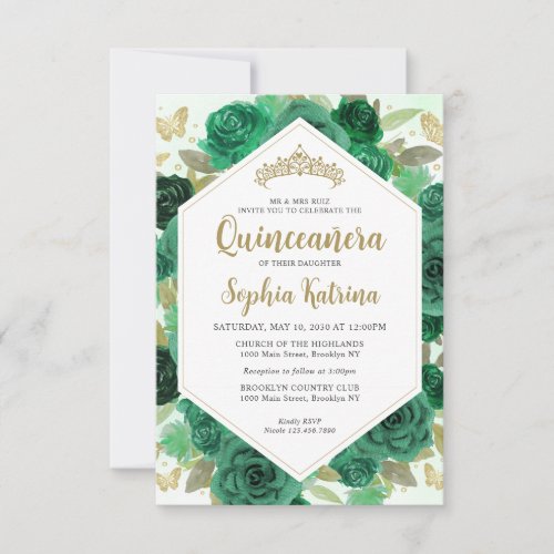 Budget Girly Emerald Green Floral Gold Quinceaera Note Card