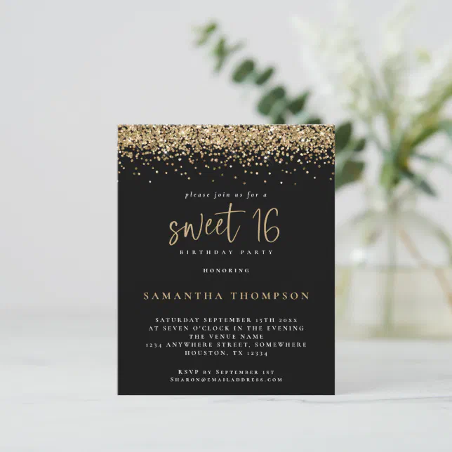 Budget Girly Gold Glitter Sweet 16 Black Invite | Zazzle