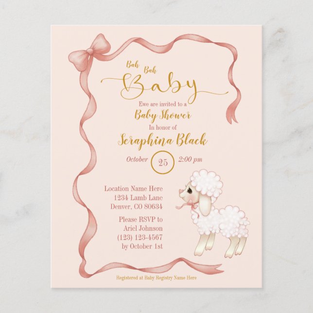 BUDGET Girly Pink Bow Lamb Baby Shower Invitation (Front)
