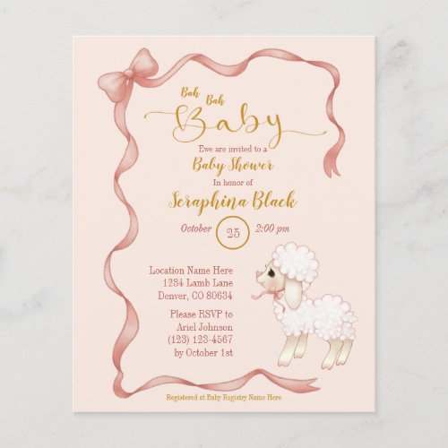 BUDGET Girly Pink Bow Lamb Baby Shower Invitation