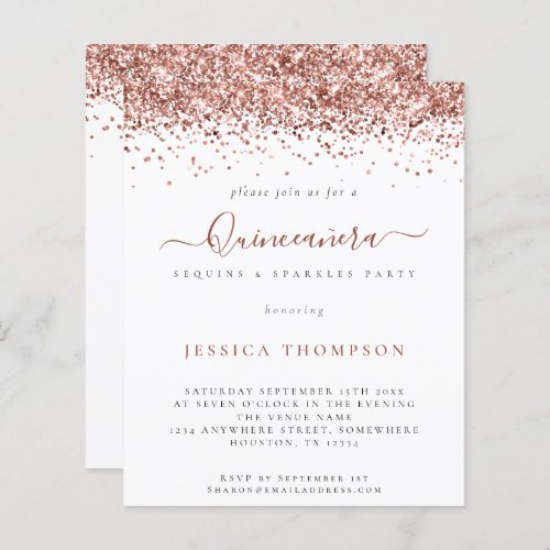 Budget Girly Rose Gold Glitter Quinceaera Invite