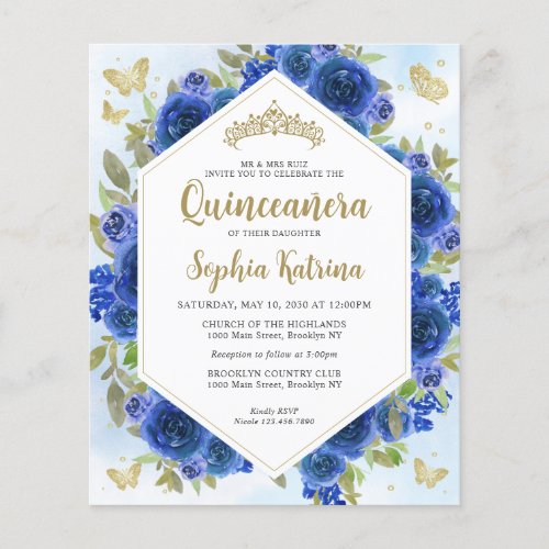 Budget Girly Royal Blue Floral Gold Quinceaera
