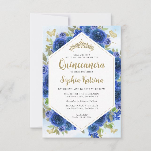 Budget Girly Royal Blue Floral Gold Quinceañera Note Card (Front)