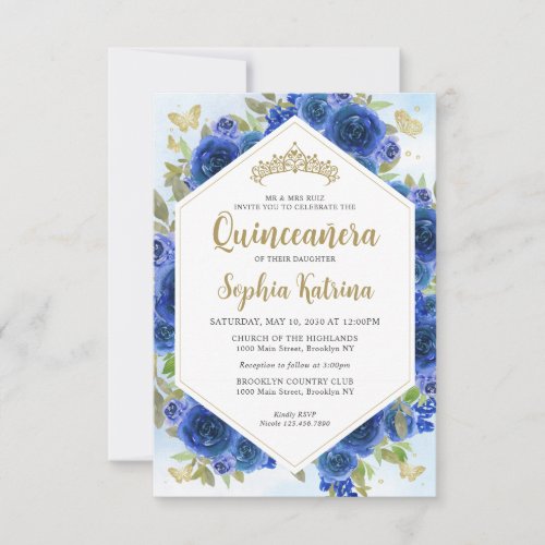 Budget Girly Royal Blue Floral Gold Quinceaera Note Card