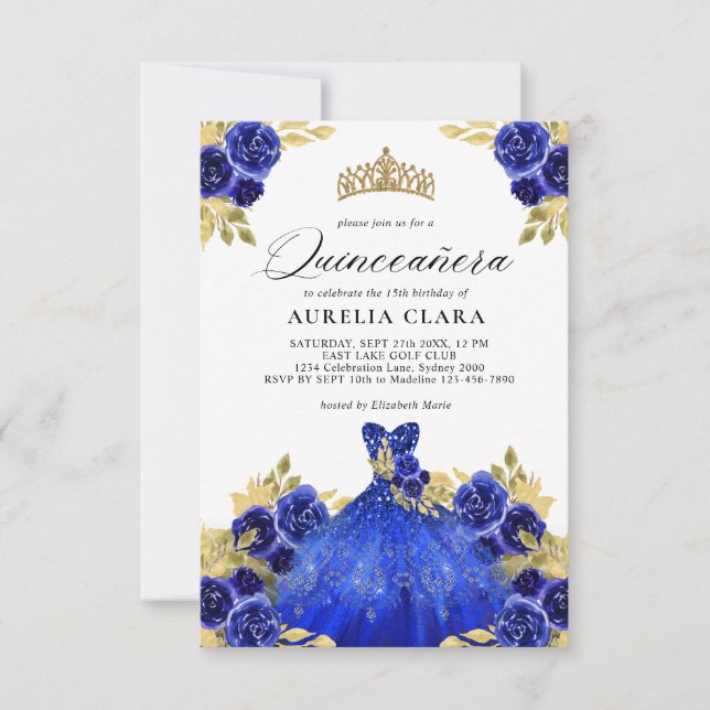 BUDGET Glam Blue Dress Floral 15th Quinceañera Note Card (Front)