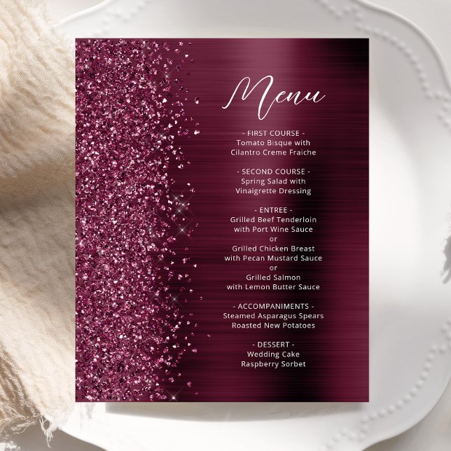 Budget Glam Burgundy Glitter Script Wedding Menu (Creator Uploaded)