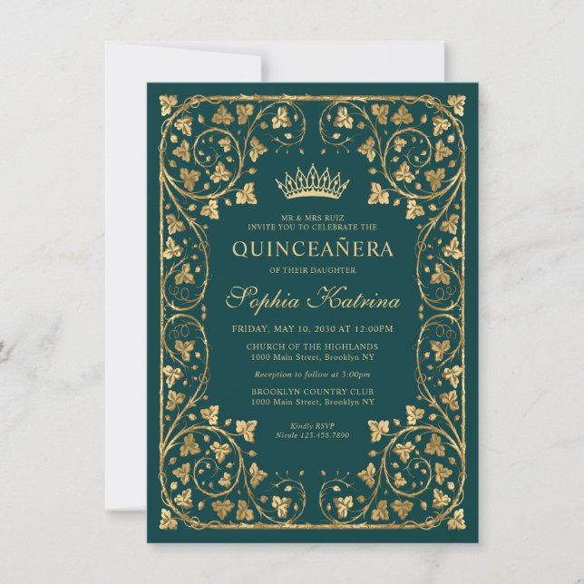 Budget Glam Emerald Green Gold Tiara Quinceanera Note Card (Front)