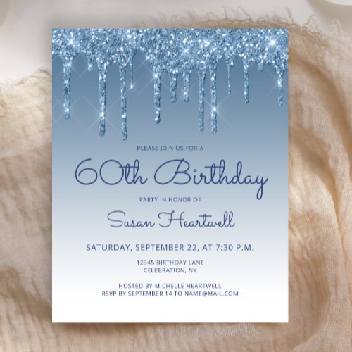 Budget Glam Glitter Blue 60th Birthday Invitation