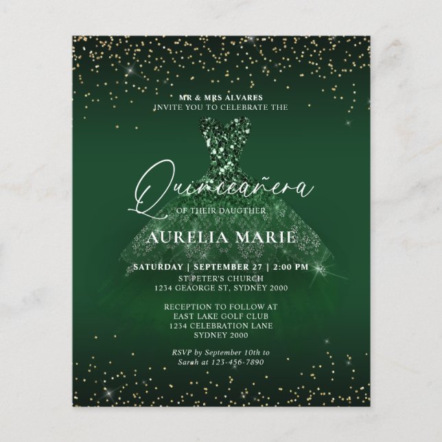 BUDGET Glam Gold Green Princess Dress Quinceanera (Front)