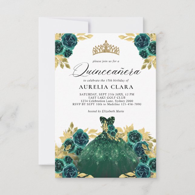 BUDGET Glam Green Dress Floral 15th Quinceañera Note Card (Front)