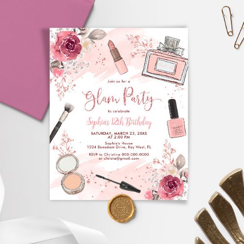 Budget Glam Makeup Blush Spa Birthday Invitation