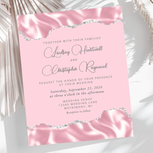 Budget Glam Pink Satin Silver Wedding Invite