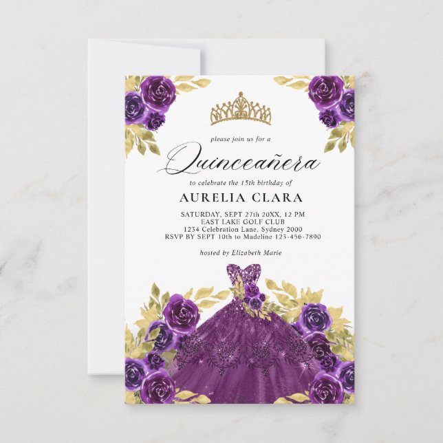 BUDGET Glam Purple Dress Floral 15th Quinceañera Note Card (Front)
