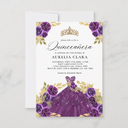 BUDGET Glam Purple Dress Floral 15th Quinceaera Note Card