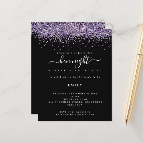 Budget Glam Purple Glitter Hen Night Black Invite