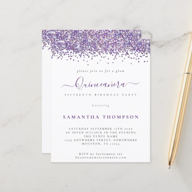 Budget Glam Purple Glitter Quinceañera Invitation (Front/Back In Situ)