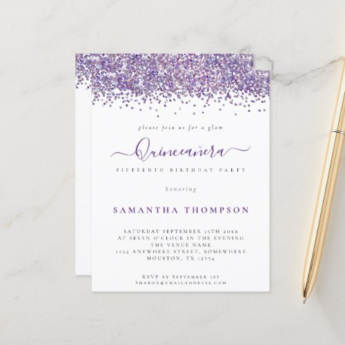 Budget Glam Purple Glitter Quinceaera Invitation