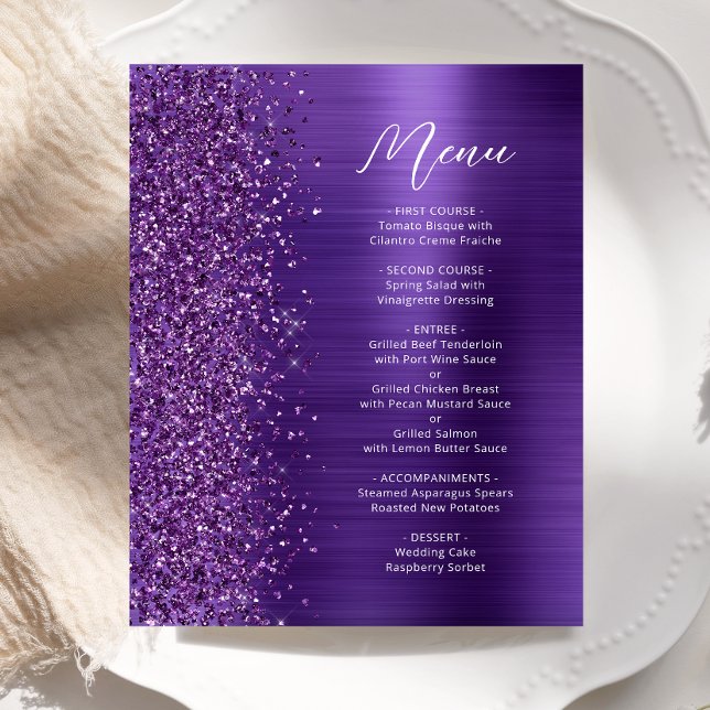 Budget Glam Purple Glitter Script Wedding Menu (Creator Uploaded)