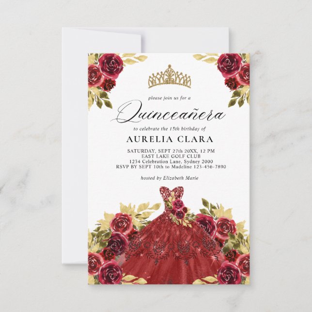 BUDGET Glam Red Dress Floral 15th Quinceañera Note Card (Front)