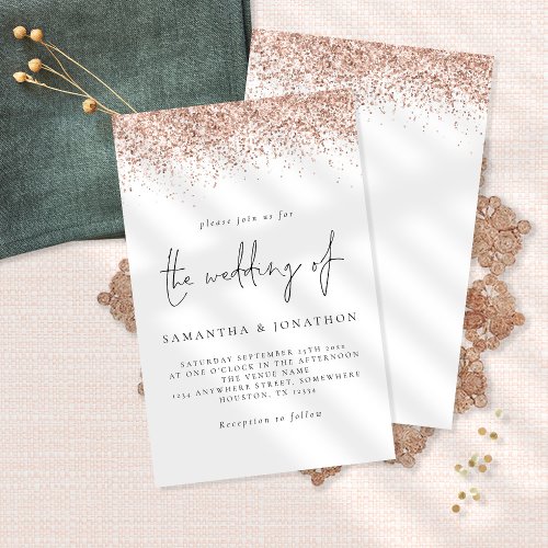 Budget Glam Rose Gold Glitter Wedding White Invite