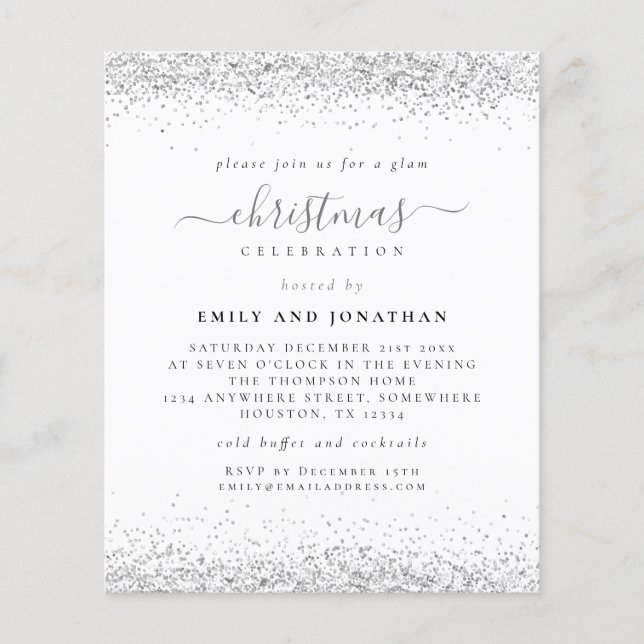 Budget Glam Silver Glitter Christmas Party Invite (Front)