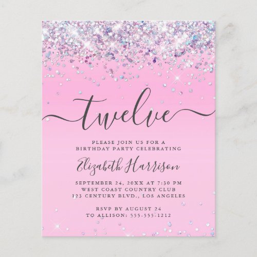 Budget Glitter 12th Birthday Party Invitation