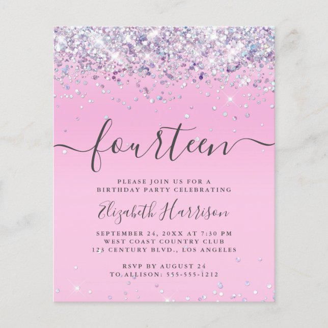 Budget Glitter 14th Birthday Party Invitation (Front)