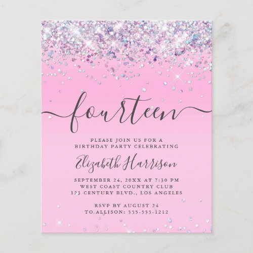 Budget Glitter 14th Birthday Party Invitation