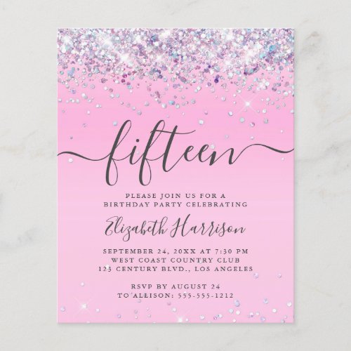 Budget Glitter 15th Birthday Party Invitation