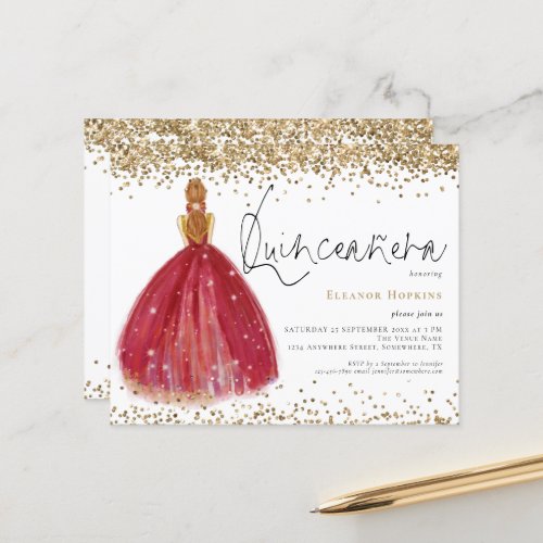 Budget Glitter Burgundy Gown Quinceanera Invite