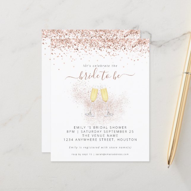 Budget Glitter Champagne Bridal Shower Invitation (Front/Back In Situ)